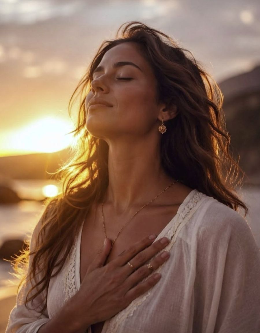 Woman with eyes closed and hand on heart, glowing in the sunset